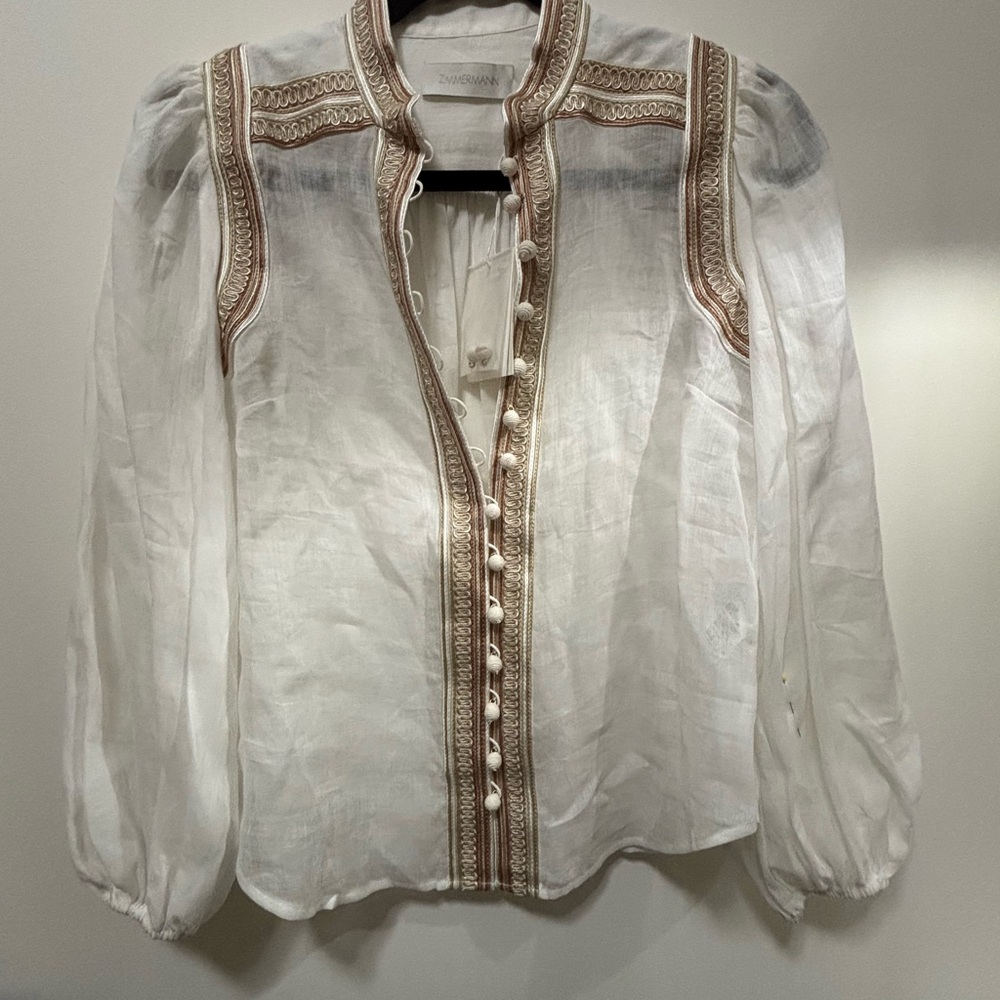 Elegant Zimmerman White Blouse with Gold Accents (Never Worn)
